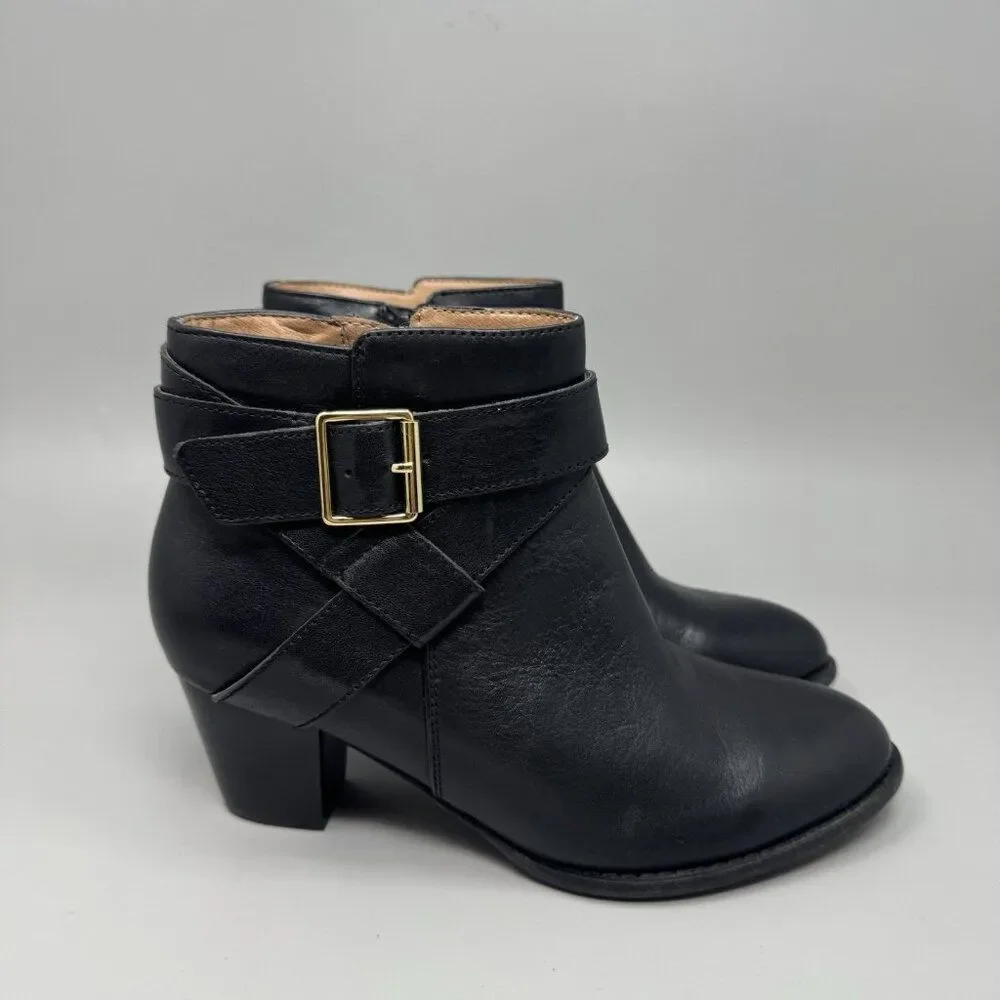Vionic Womens Boots Size 6.5 Trinity Black Leather Buckle Heeled Bootie